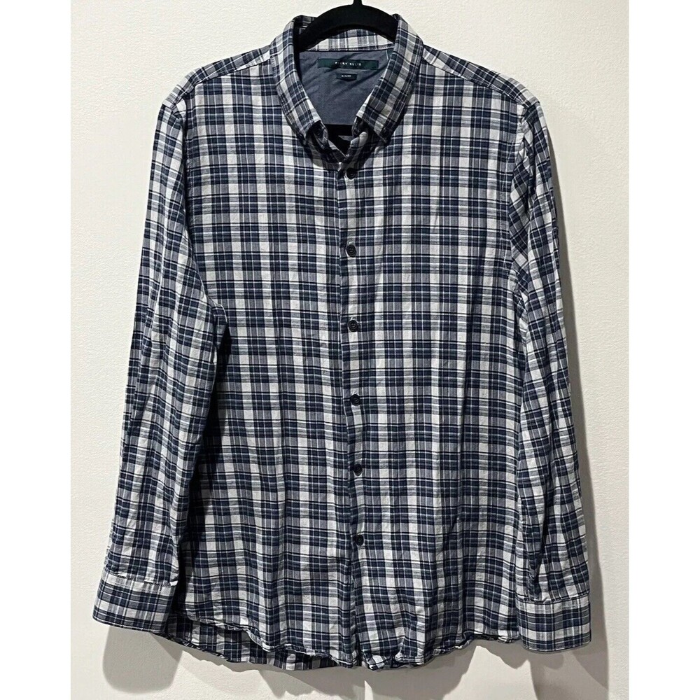 Perry Ellis Shirt Men's Large Slim Fit Blue Plaid Long Sleeve Button Up Cotton‎